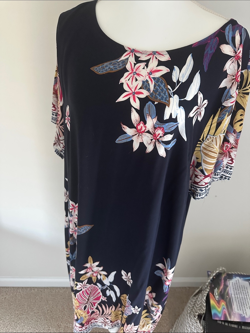 SHEIN Black Floral Shift Dress with Pink, White & Blue Accents